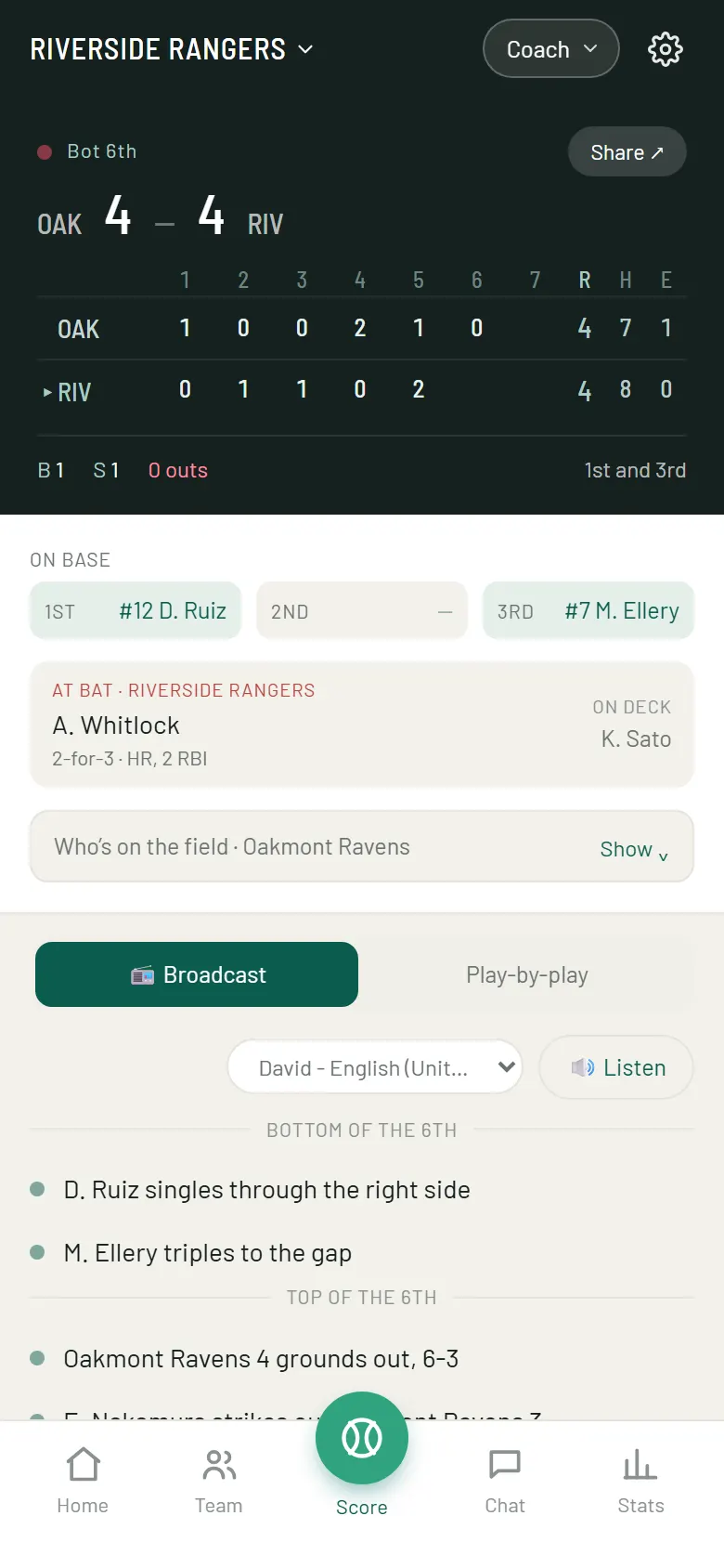 The live game as parents and fans follow it: the line score, the runners and the batter